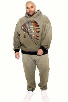 Спортивний костюм великих розмірів,з прінтом вождя, бежевий, чоловічий, батал, худі + штани, 6XL 100195 фото