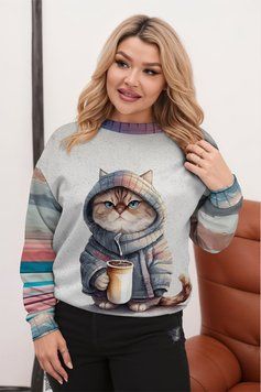 Світшот жіночий ТЕПЛИЙ з принтом кота з чашкою 3XL 100576489 фото